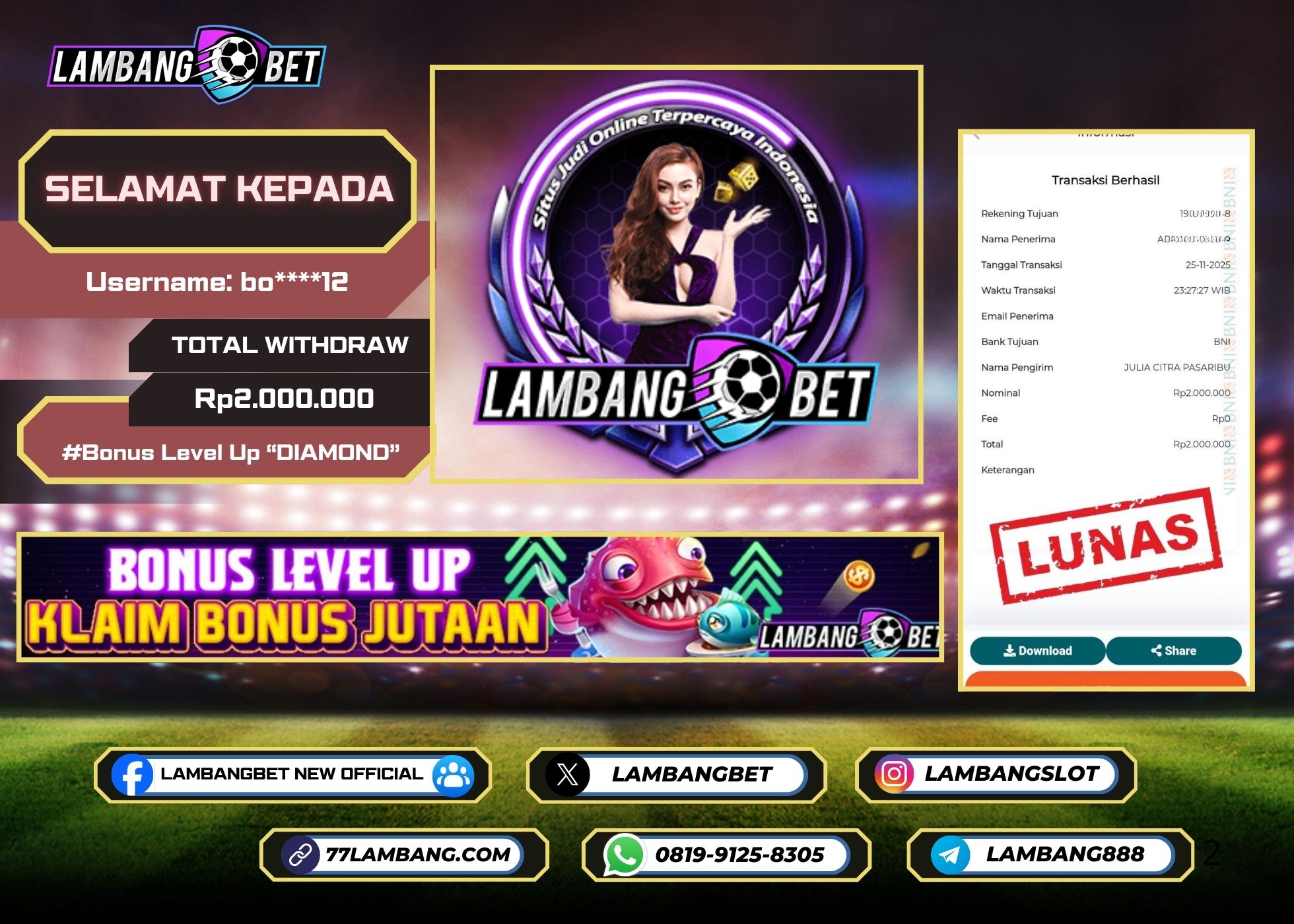 LAMBANGBET [25 NOVEMBER 2025] JACKPOT BONUS Level Up "Rp2.000.000" LUNAS